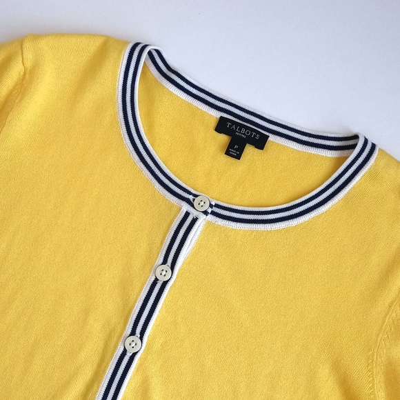 Talbots Women's Canary Yellow w Blue White Trim 3/4 Sleeve Cardigan Sweater P - Picture 3 of 10